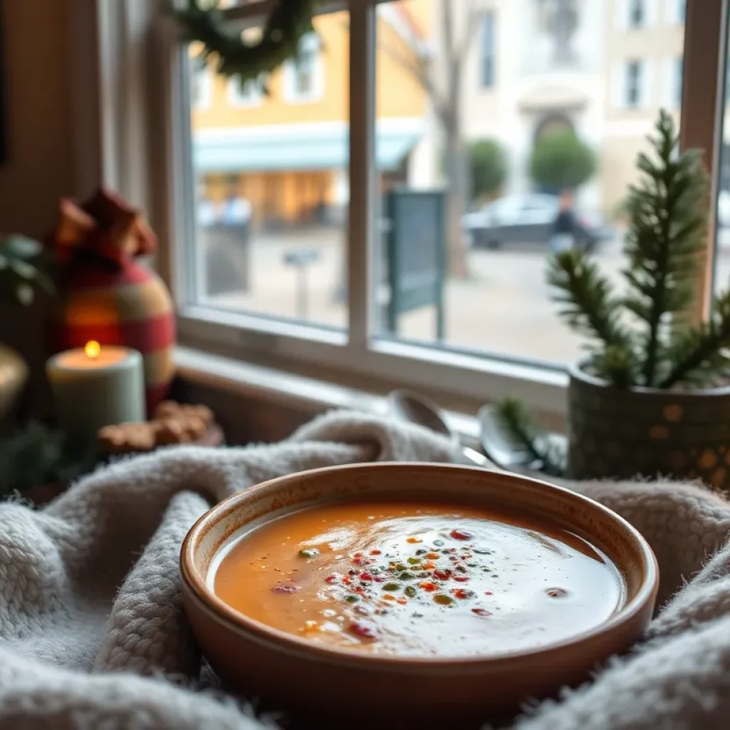 A warm bowl of soup in a cozy cafe setting in Charleston