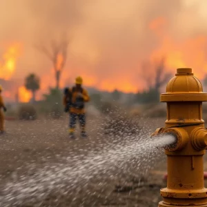 Firefighters combating wildfires in California with fire hydrants in view