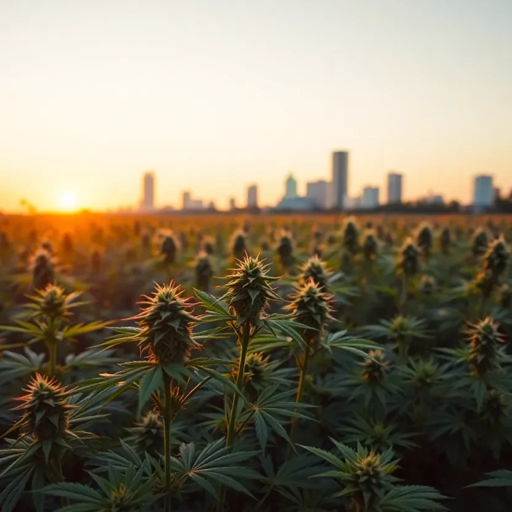 A cannabis field with Charleston skyline in background