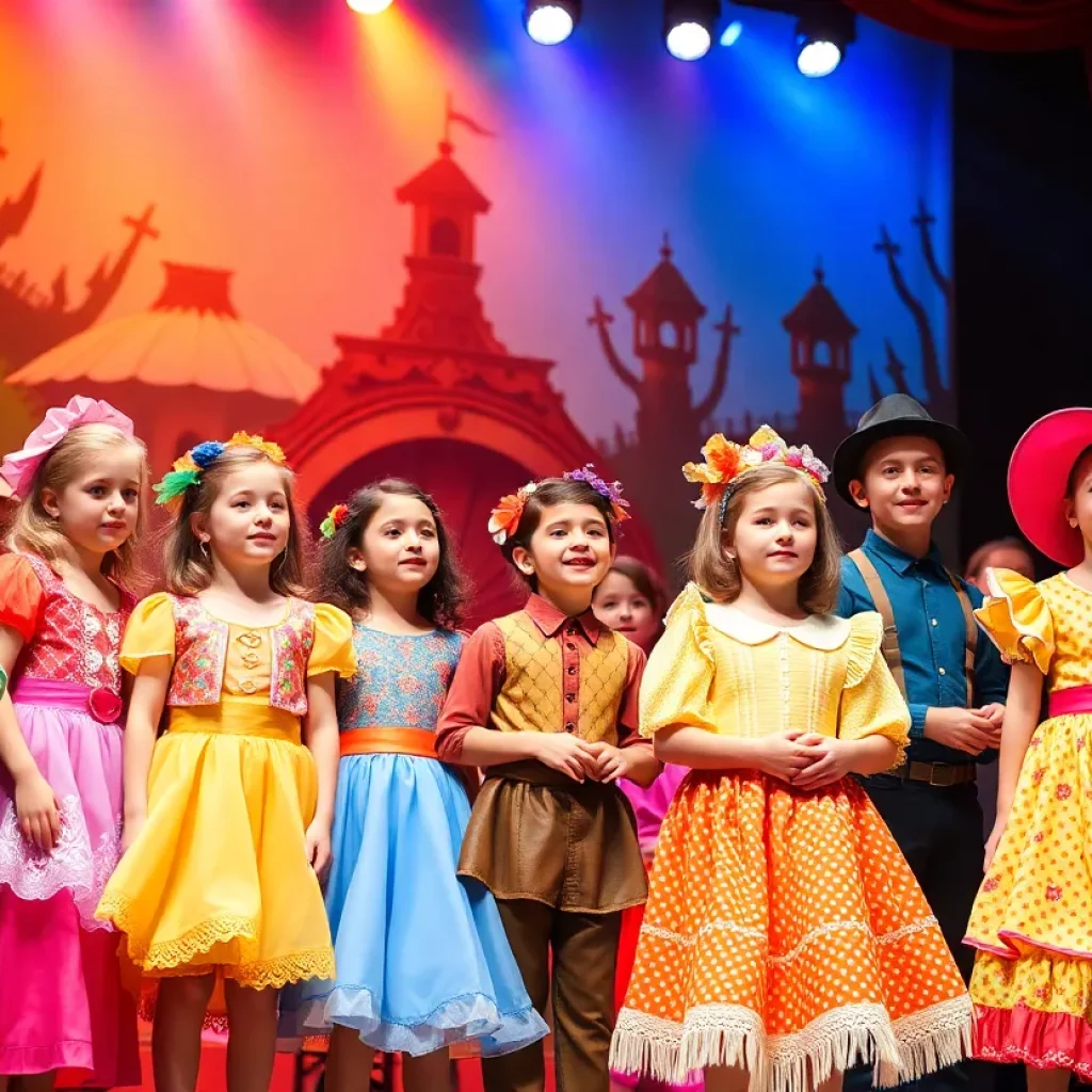 Young actors performing on stage in colorful costumes