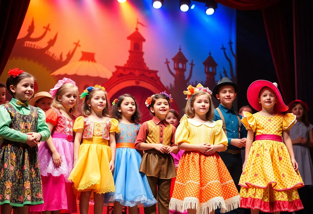 Young actors performing on stage in colorful costumes