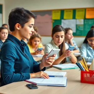 Students learning in a classroom without cellphones