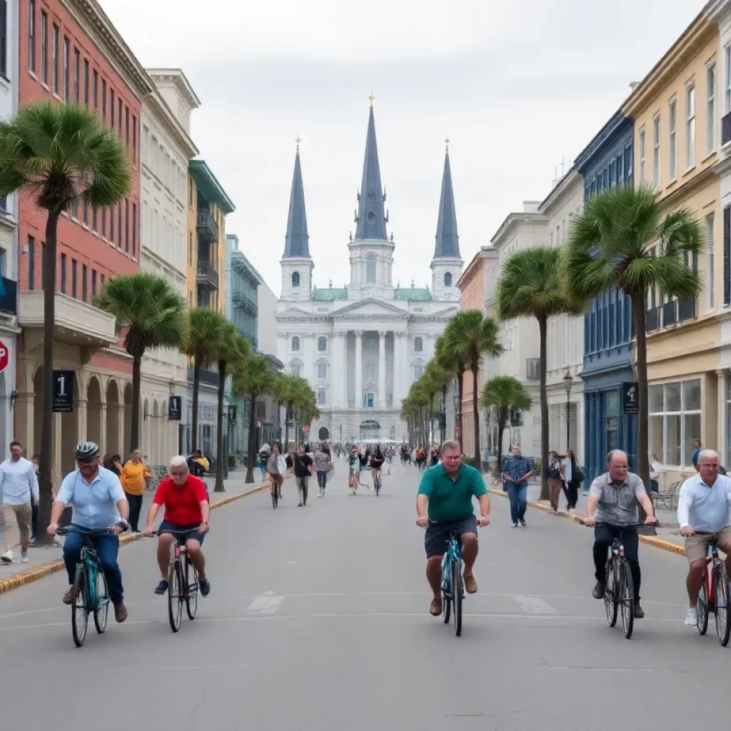 A busy street in Charleston with pedestrians and cyclists enjoying the city atmosphere.