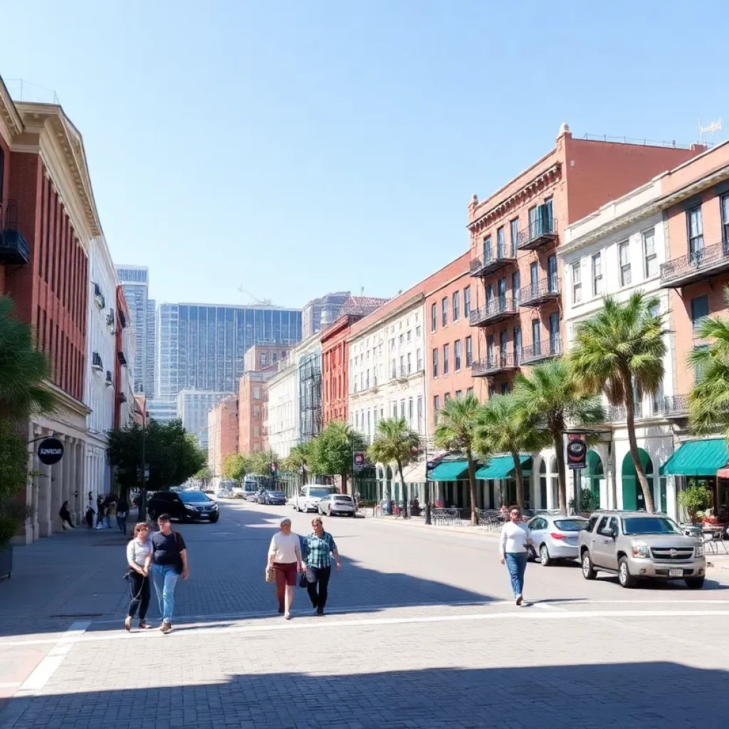 Cityscape of Charleston, South Carolina with moving trucks.