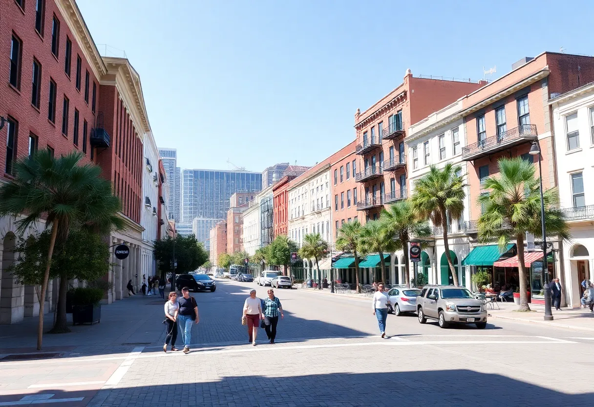 Cityscape of Charleston, South Carolina with moving trucks.