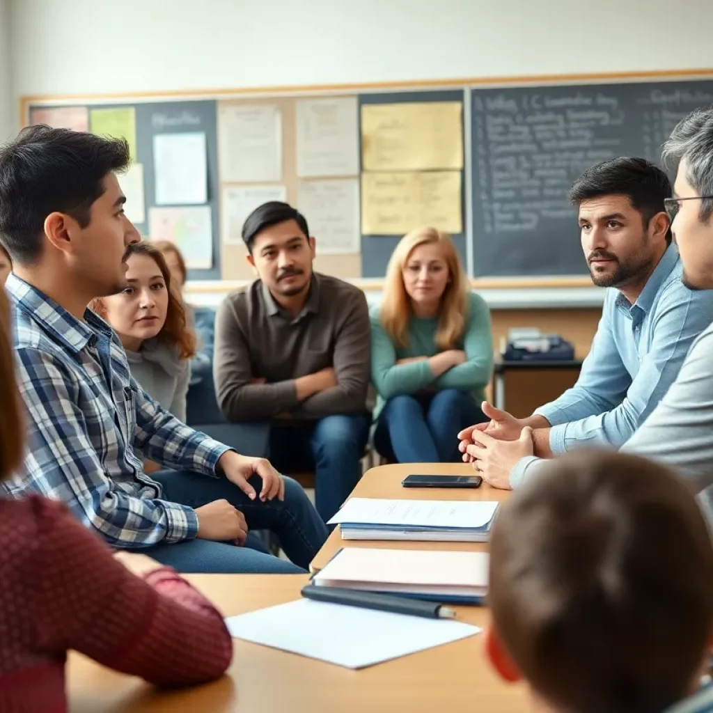 Parents discussing concerns about data security in a school meeting