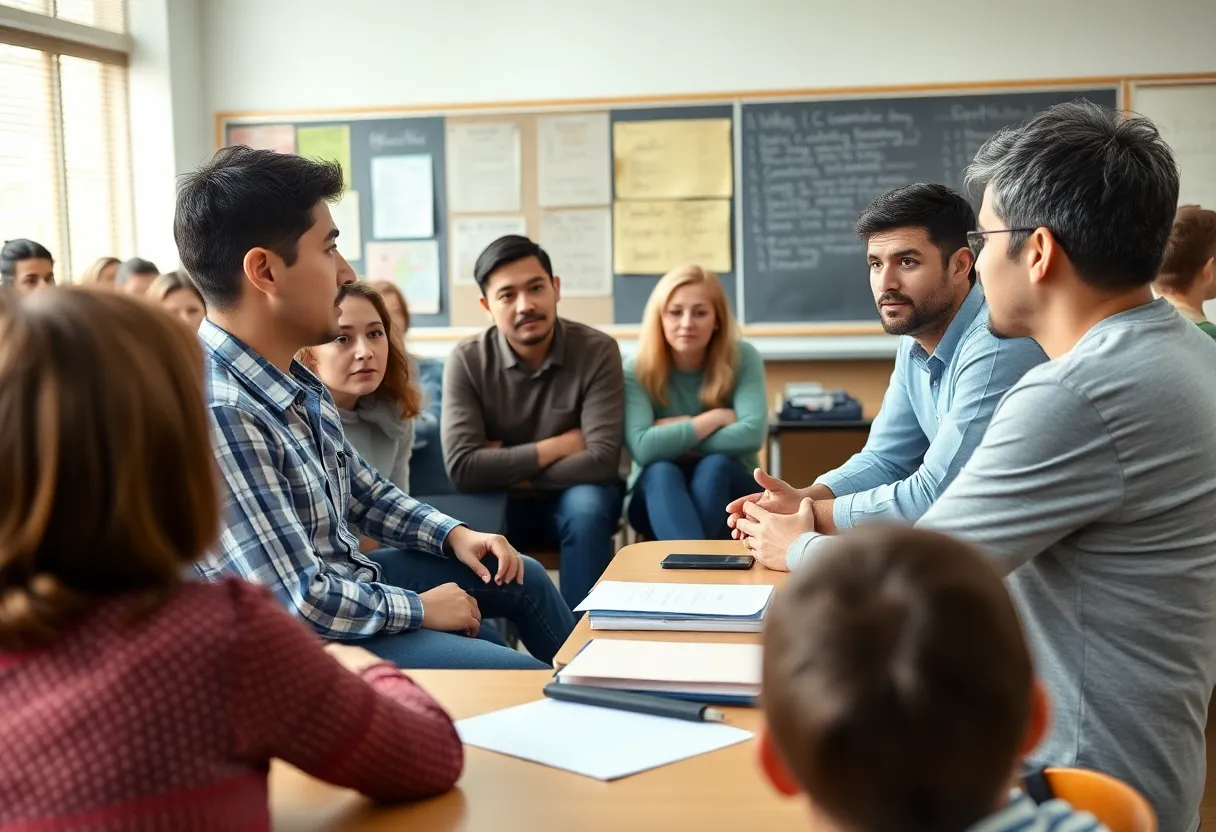 Parents discussing concerns about data security in a school meeting