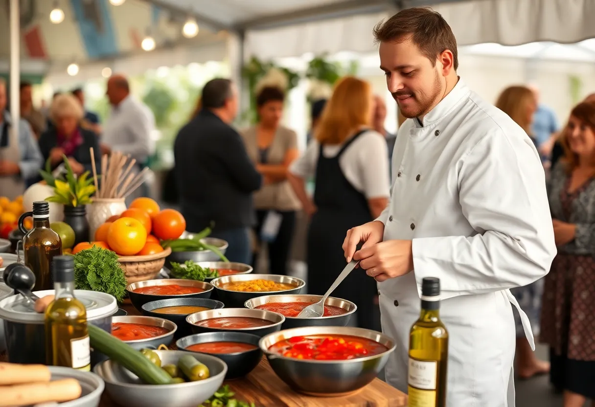 A chef demonstrating cooking techniques with delicious sauces in Charleston