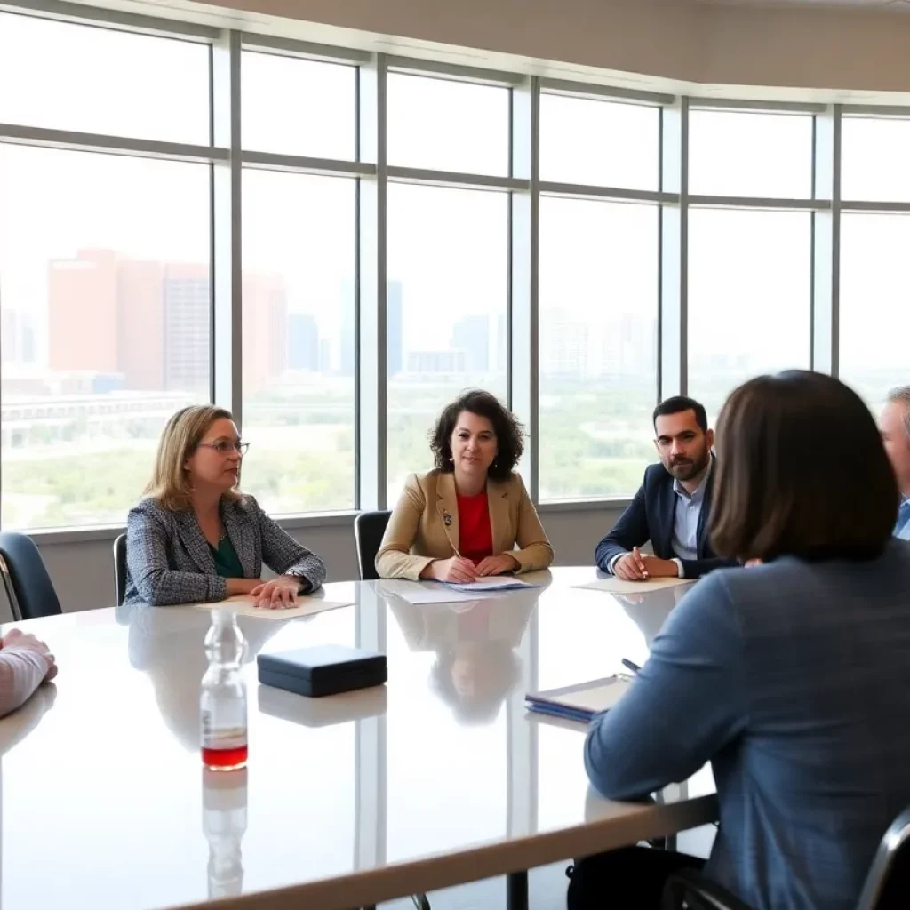 Council members discussing at a meeting with Charleston skyline in view.