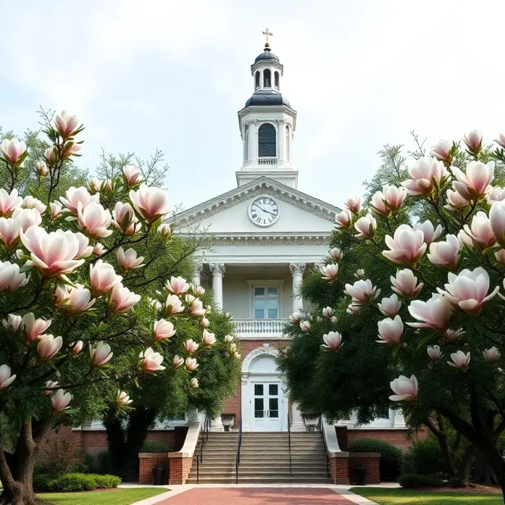 Historic courthouse in Charleston amidst blooming magnolia trees.