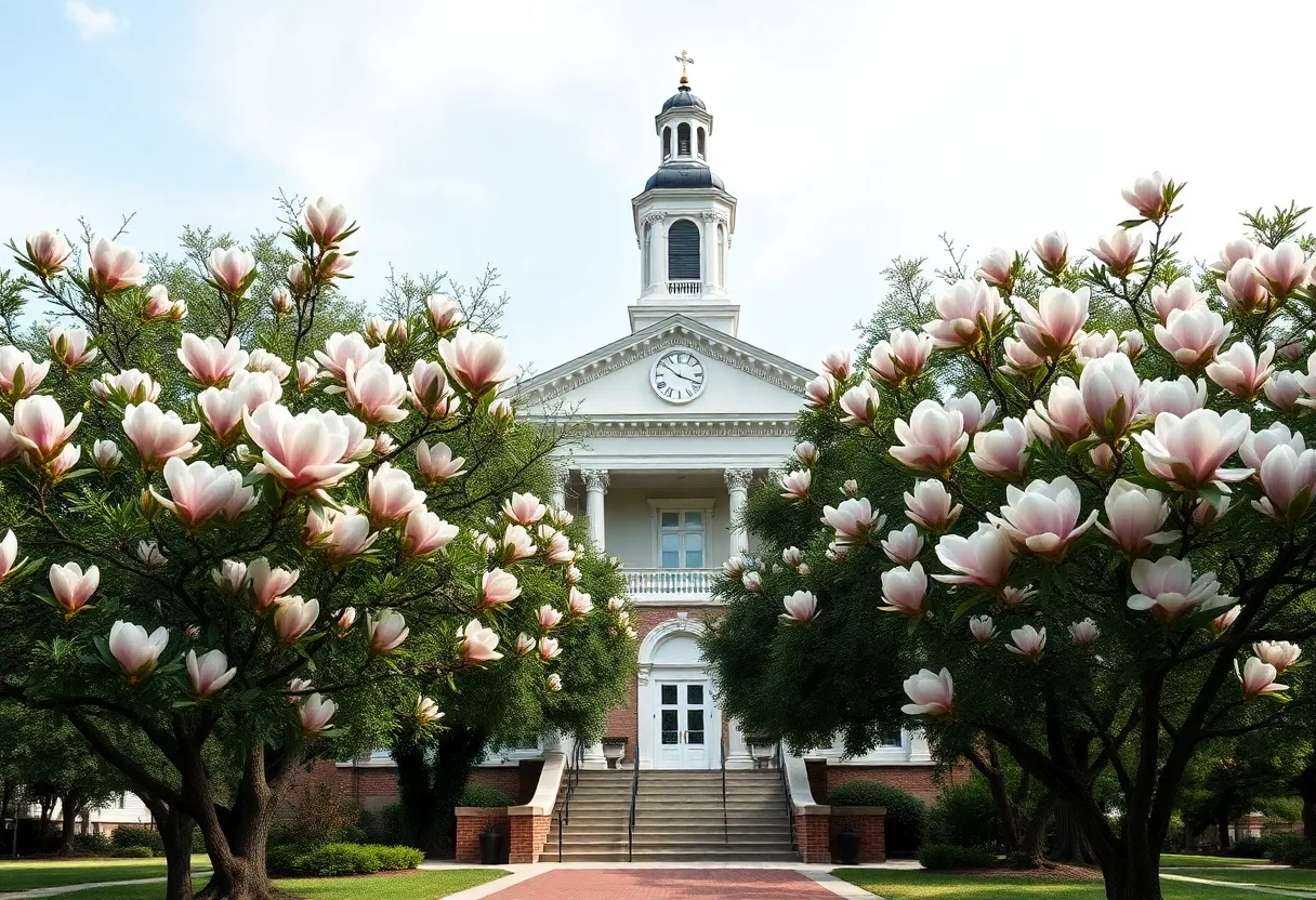 Historic courthouse in Charleston amidst blooming magnolia trees.