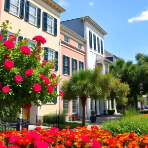 Historic buildings in Charleston surrounded by lush greenery and vibrant flowers