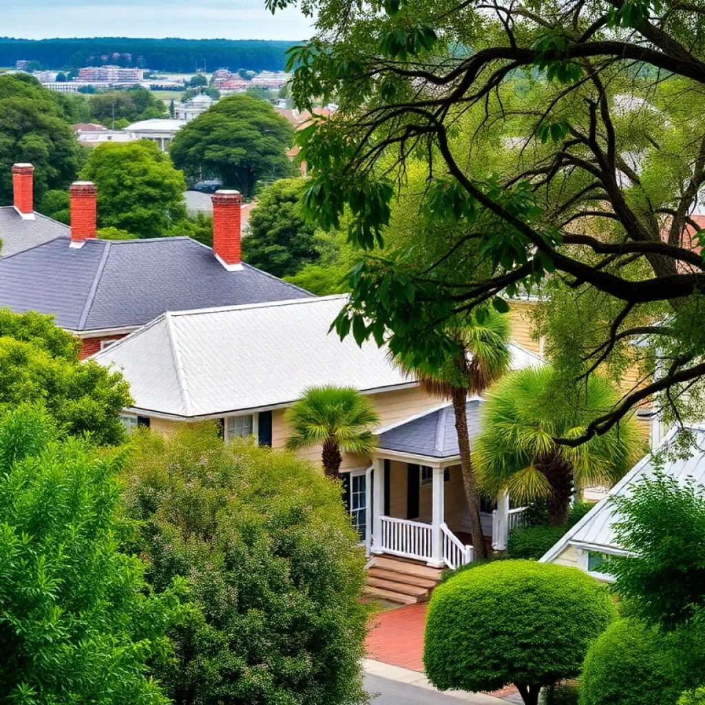 A view of Charleston's historic neighborhoods highlighting preserved homes and lush greenery.