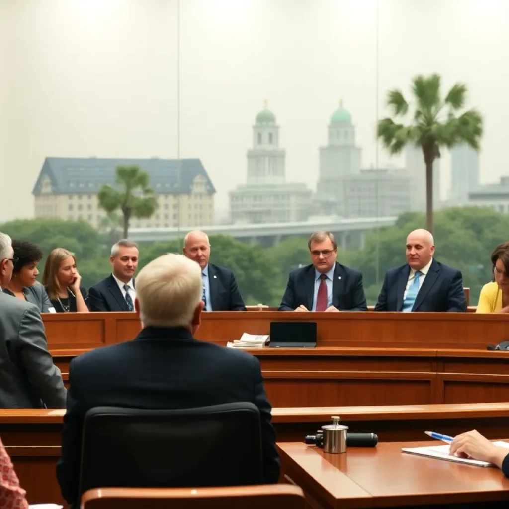 Courtroom scene representing Charleston landlords in a legal dispute over rent schemes.