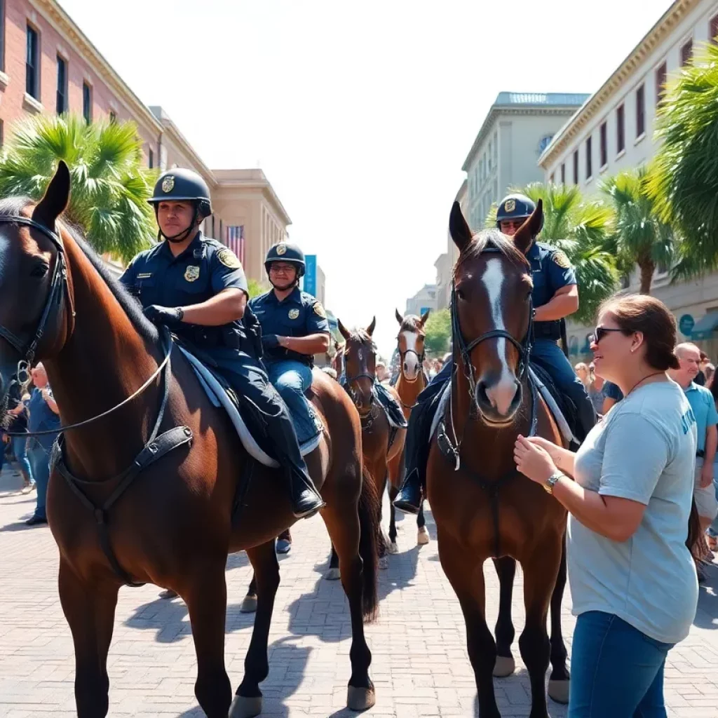 Charleston Mounted Patrol Unit with horses in downtown area.