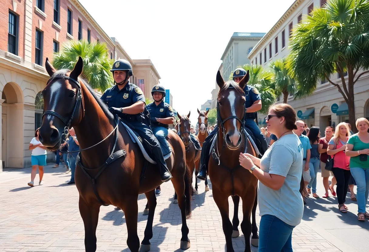 Charleston Mounted Patrol Unit with horses in downtown area.