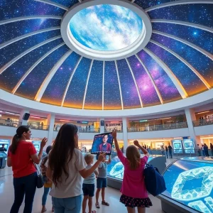 Interior view of the Charleston Planetarium with families enjoying interactive exhibits.