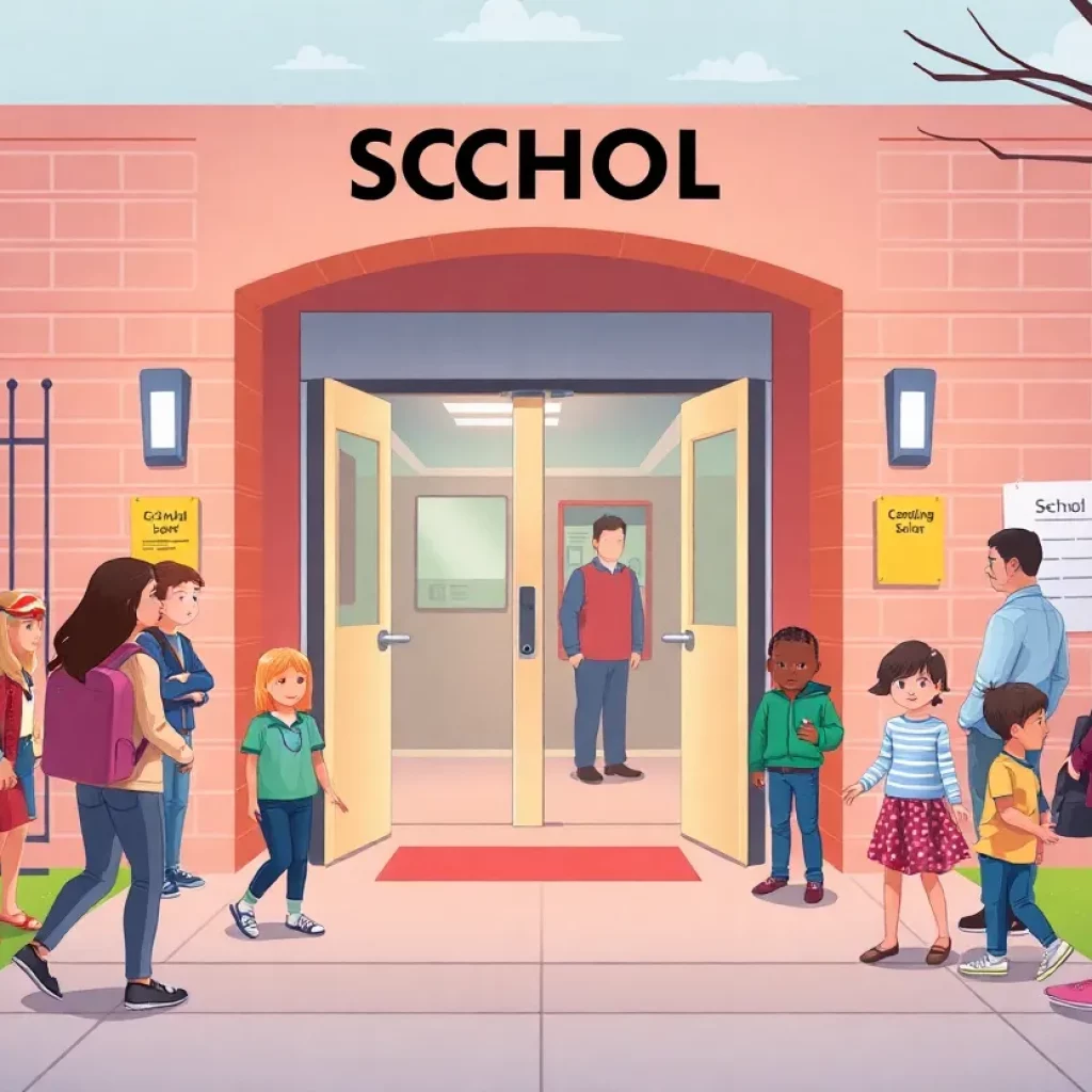 Illustration depicting a school entrance with weapons detectors