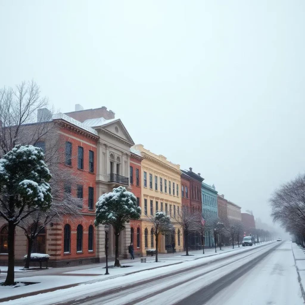 Snow falling over historic Charleston buildings