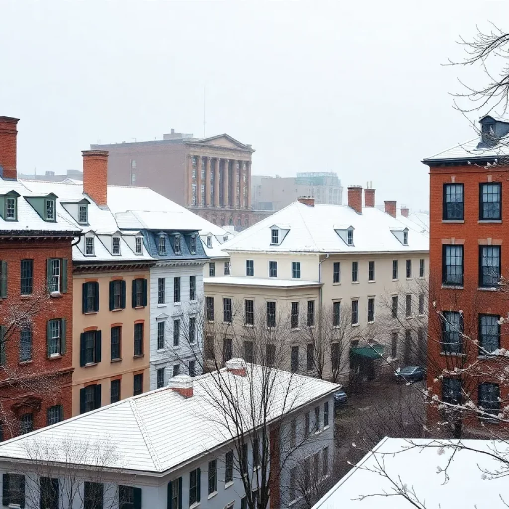 Snow-covered Charleston streets with historic buildings