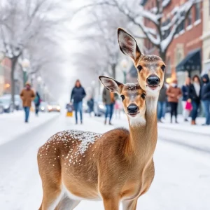 Winter landscape in Charleston with snowfall and a deer