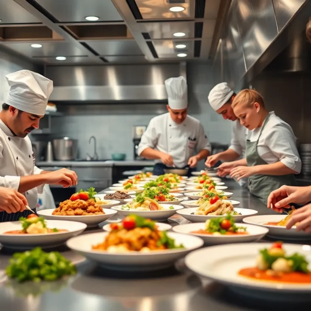 Chefs in a kitchen preparing dishes