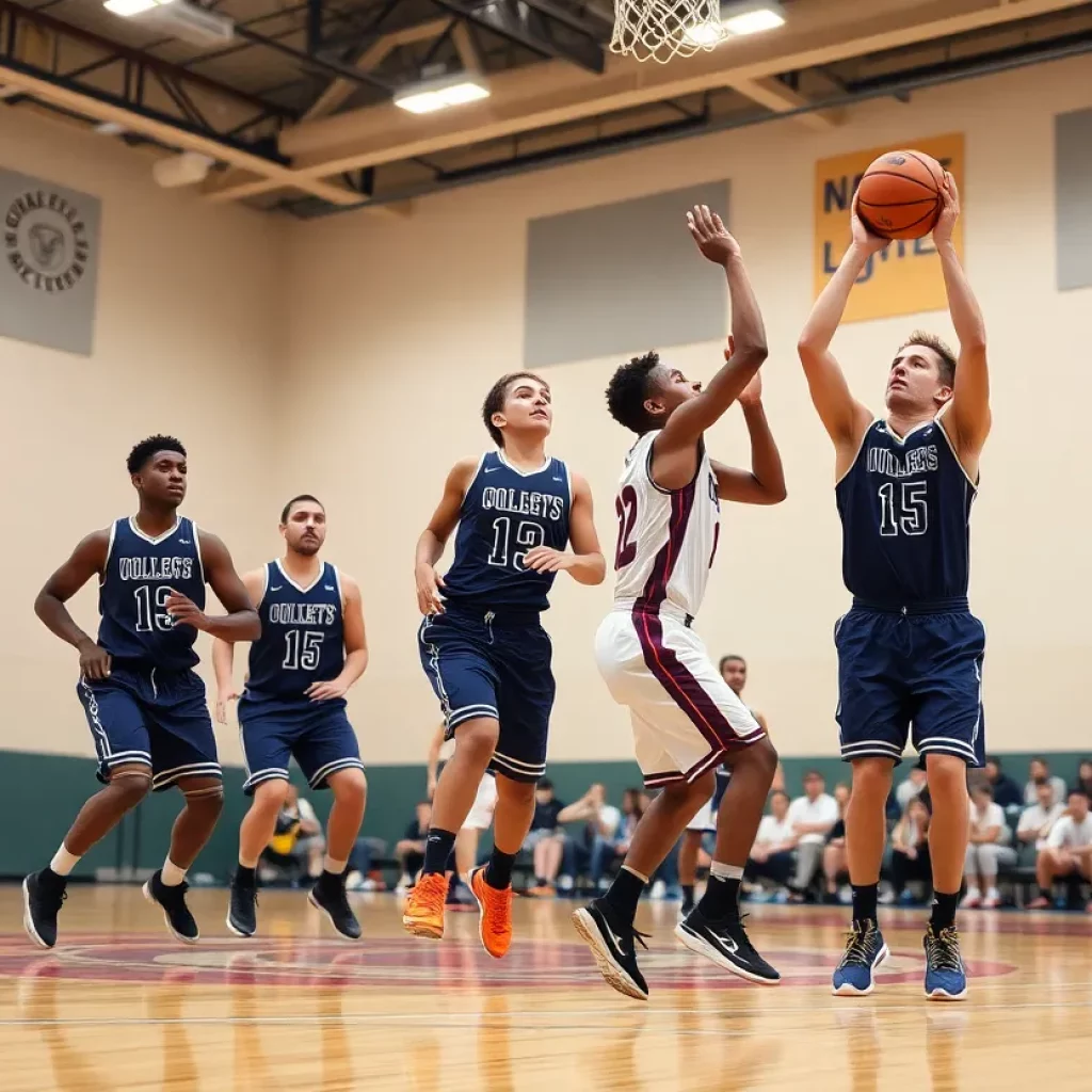 College basketball game with players in action