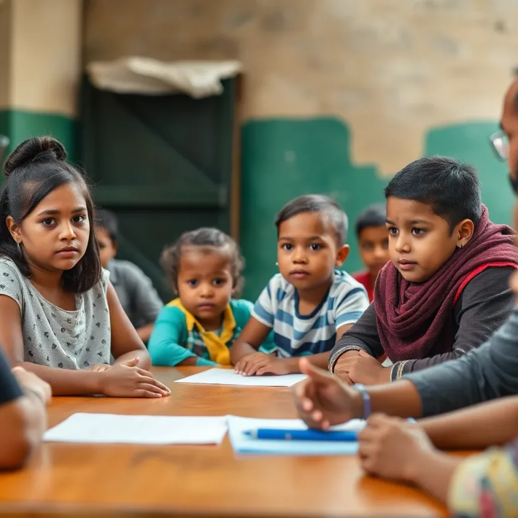 Community gathering discussing child safety and exploitation prevention.