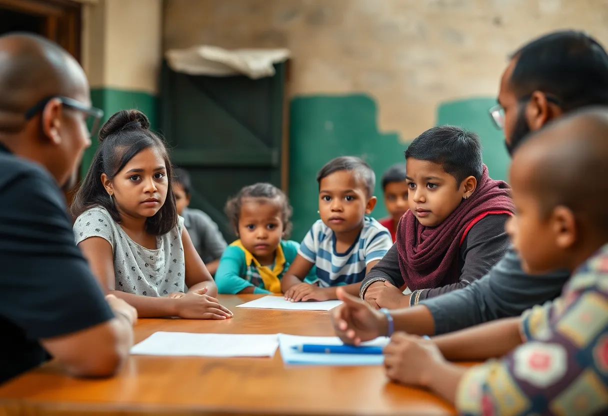 Community gathering discussing child safety and exploitation prevention.