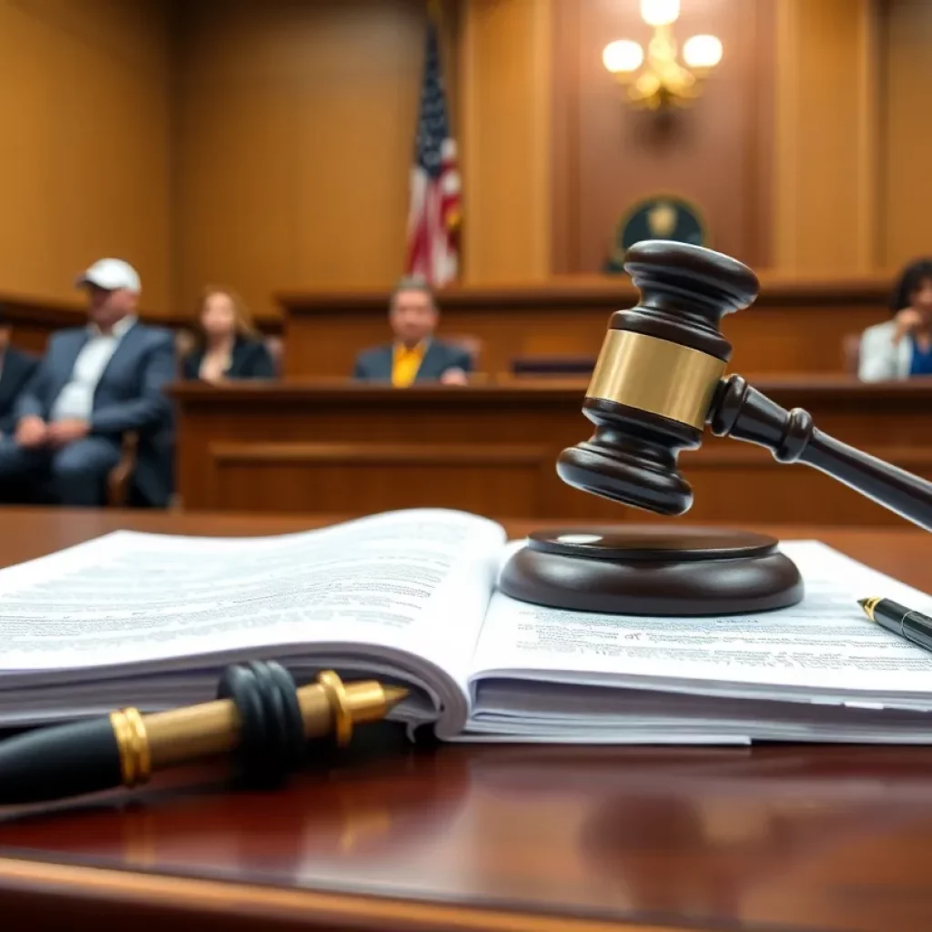 A courtroom with a judge's bench and legal documents, representing a lawsuit.