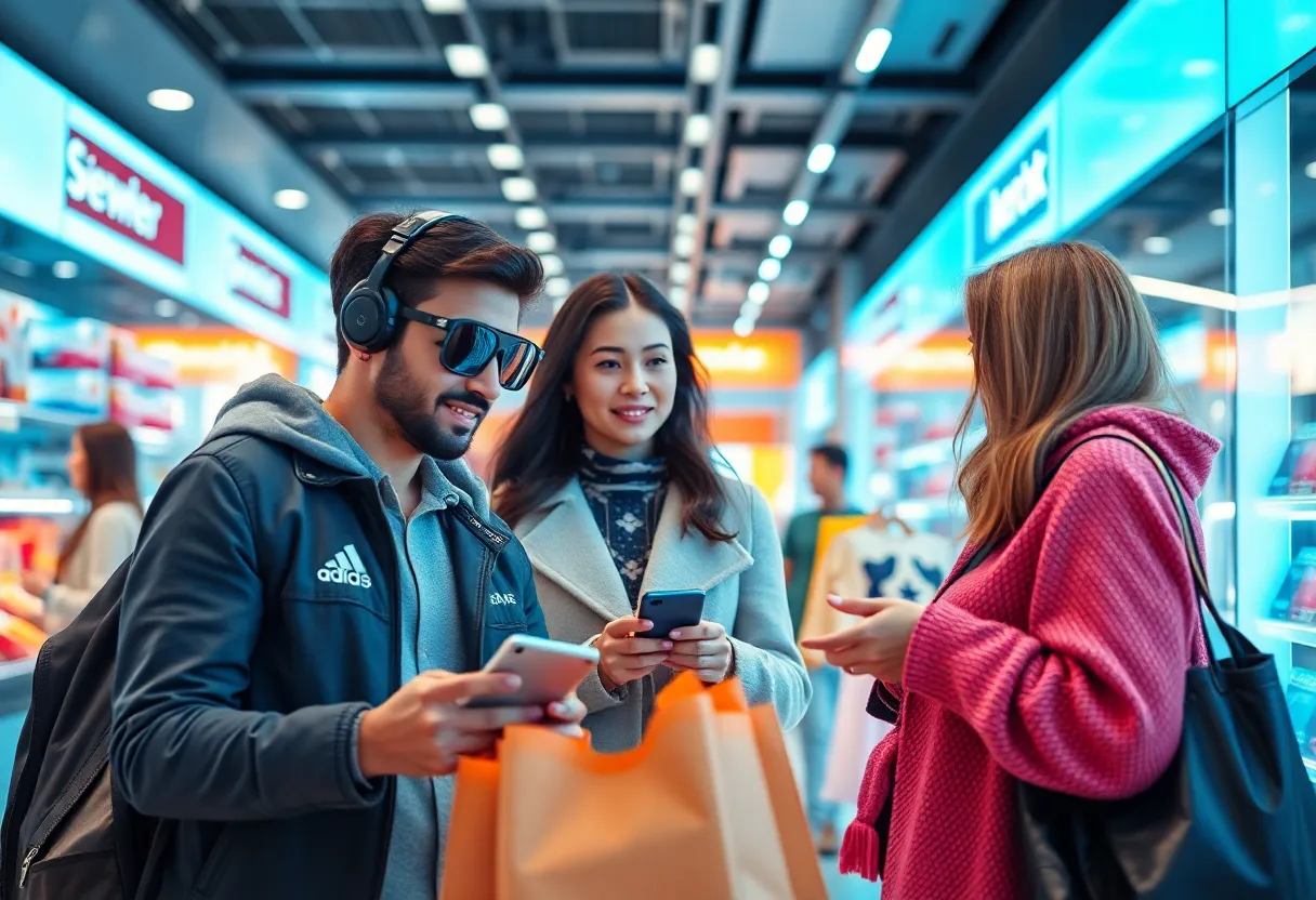 Consumers engaging in e-commerce with AI tools in a modern shopping environment.