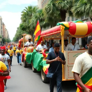 Emancipation Day parade in Charleston featuring colorful floats and participants.