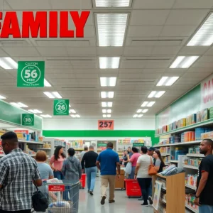 Family Dollar store in Charleston with community members shopping.