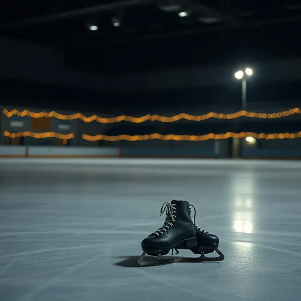 A figure skating rink with a pair of skates on the ice in memory of those lost in a tragic collision.