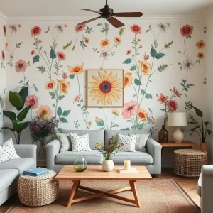 Living room with hand-painted floral wallpaper