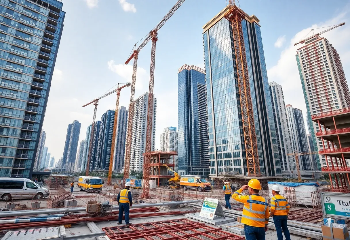 Construction site with workers and machinery in the Southeast