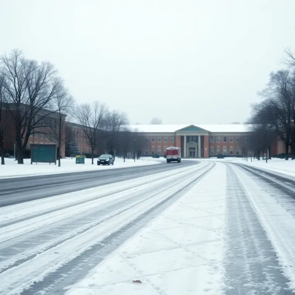 Icy roads and snowy school buildings in Charleston