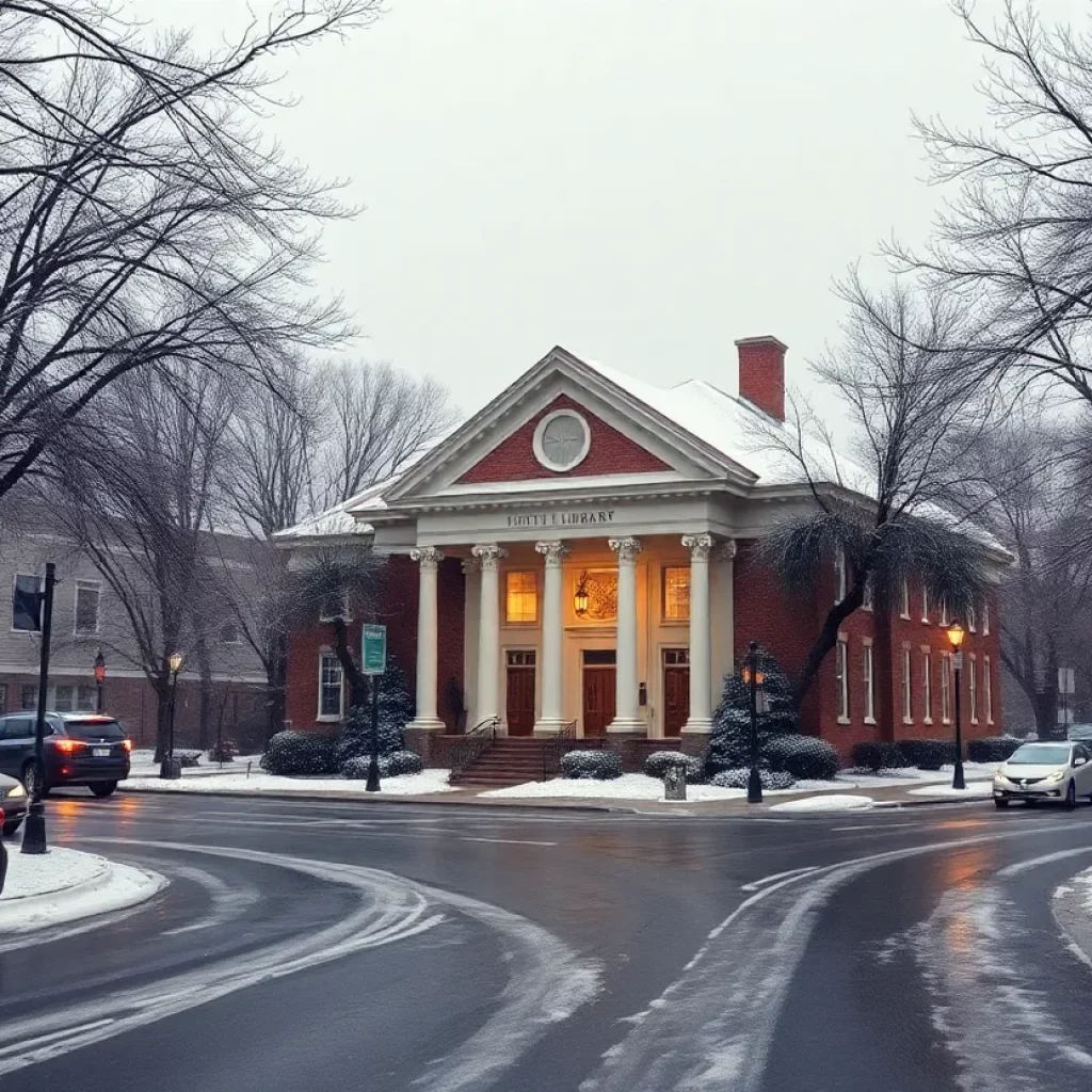 Icy scene of a Charleston library during winter weather