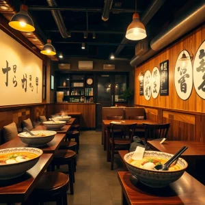 Interior of JINYA Ramen Bar with steaming ramen bowls