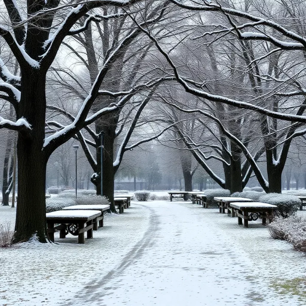 Snow-covered park in Lowcountry during winter