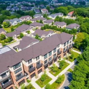 Aerial view of luxury townhomes with large windows and private balconies in North Charleston.