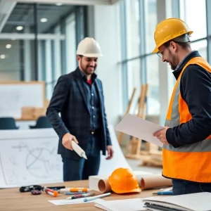 Construction office with blueprints and tools