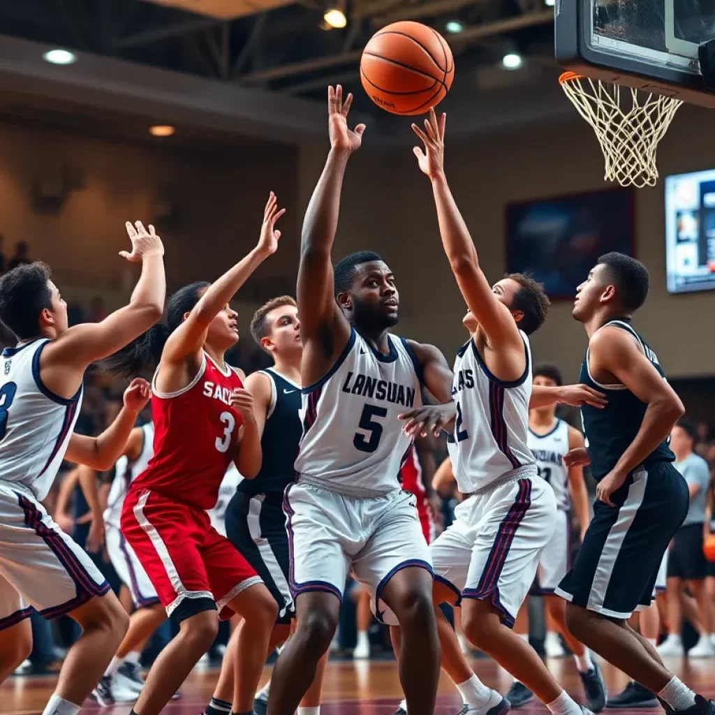 Monmouth University basketball team celebrates a victory over Charleston.