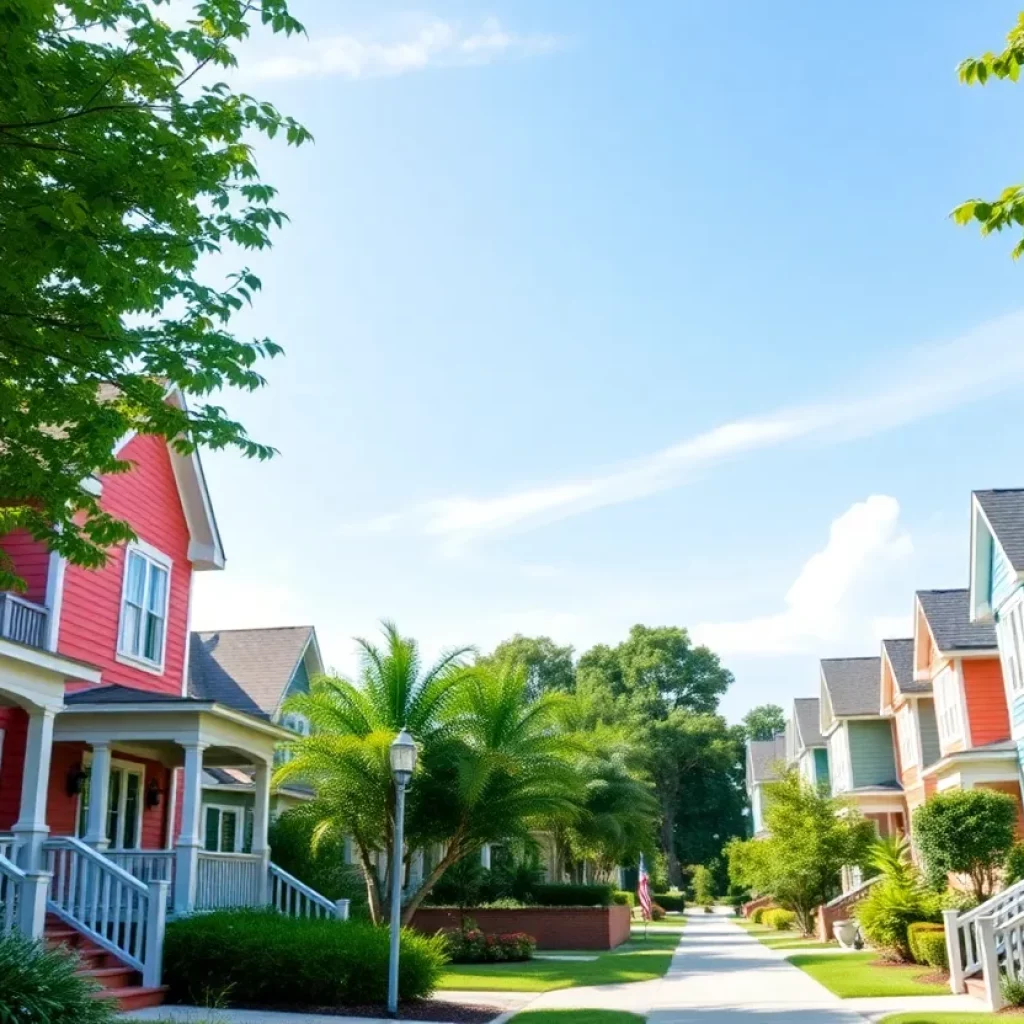 A neighborhood in Mount Pleasant with colorful houses and greenery