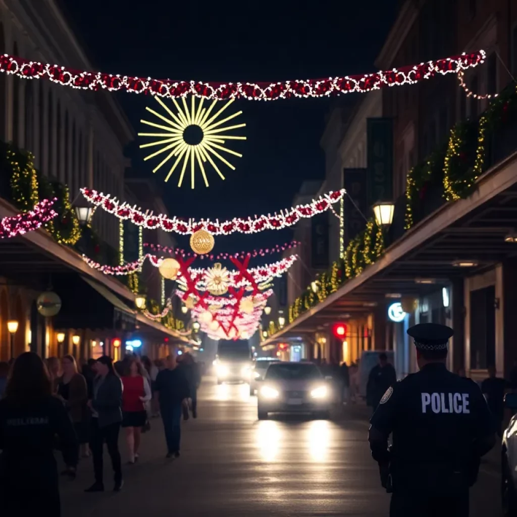 Crowd on Bourbon Street celebrating New Year's Eve with police presence