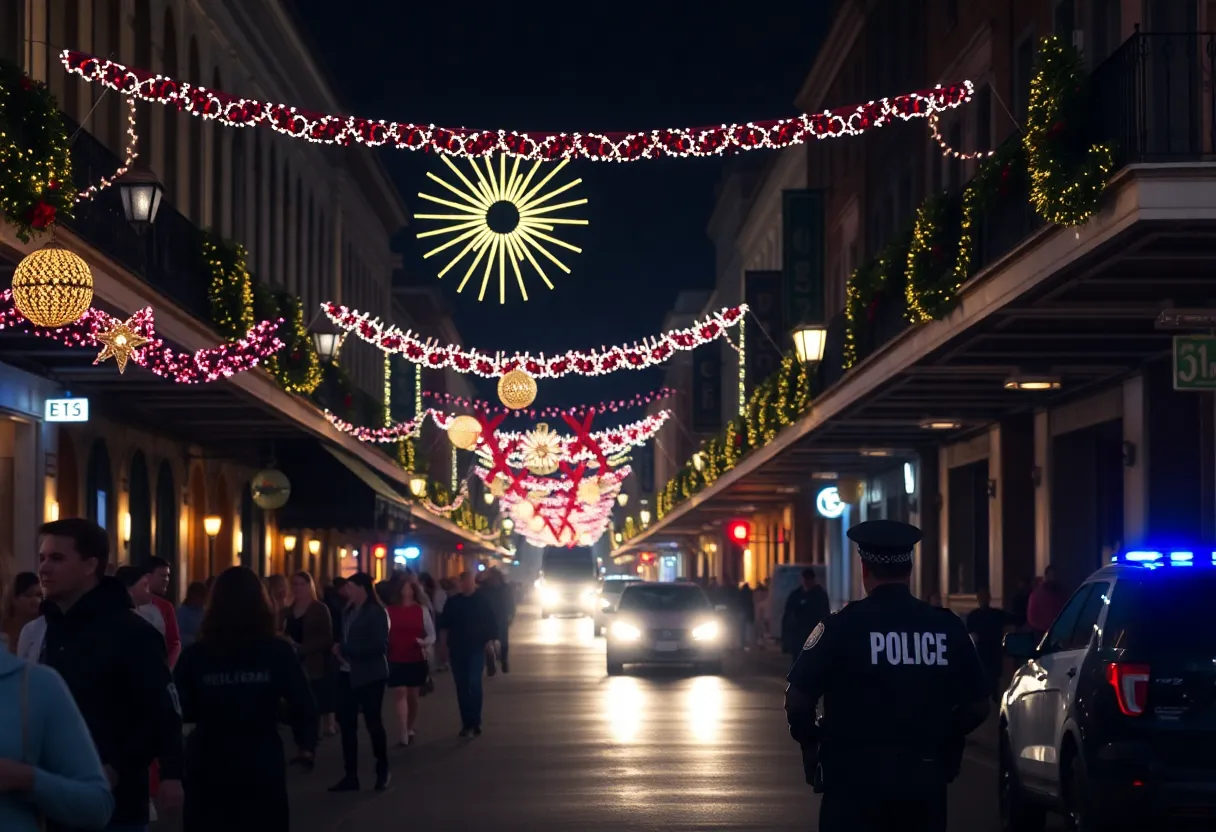 Crowd on Bourbon Street celebrating New Year's Eve with police presence