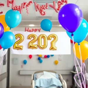 New Year’s celebration at a hospital with decorations and joyful parents