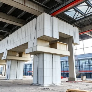 A construction worker examining an advanced precast concrete connection design.