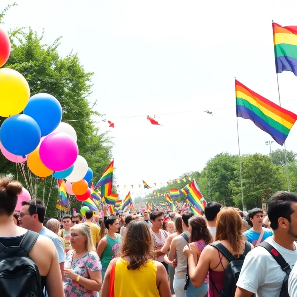 Pride celebration at Park Circle with diverse participants and colorful decorations.