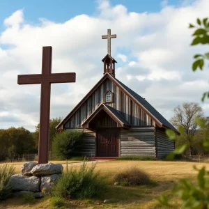 View of Pretty Place Chapel with the wooden cross prominently displayed.